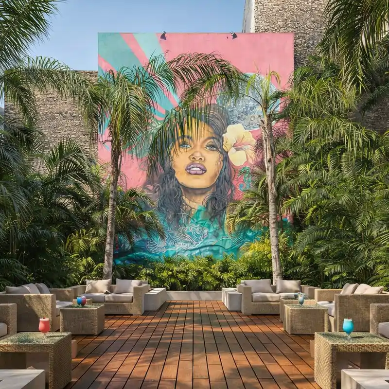 Tropical courtyard with wicker furniture, palm trees, and a large artistic mural of a woman.