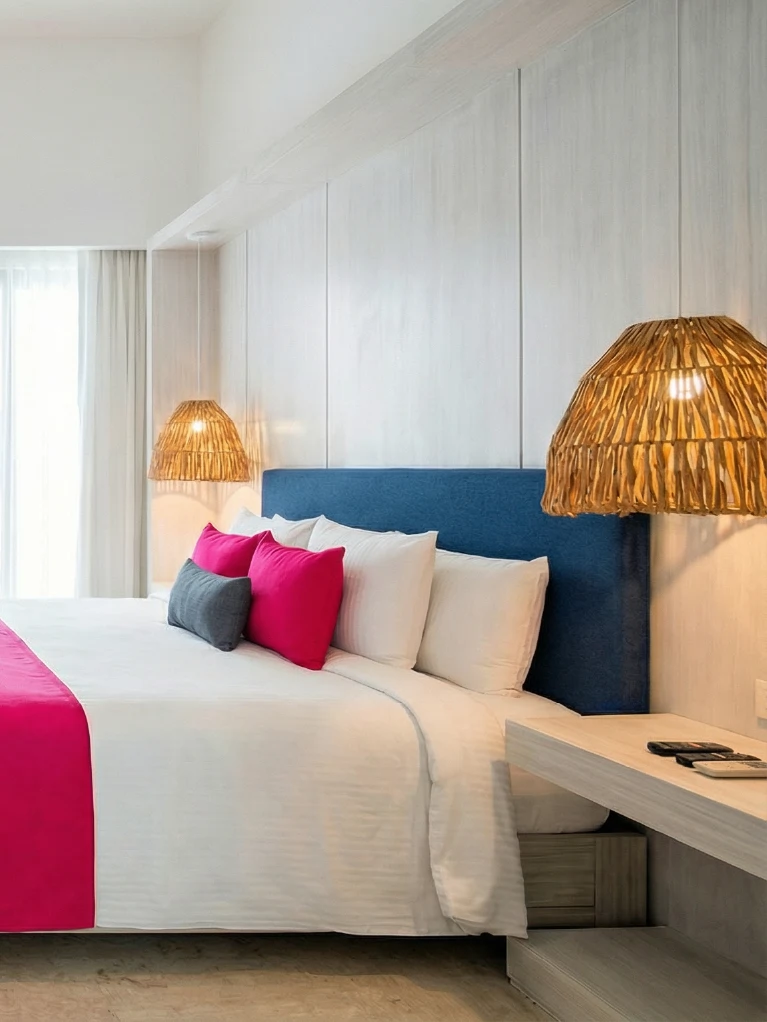 Modern hotel room with white bed, pink pillows, wicker lamps, and television.