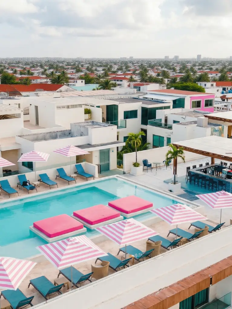 Aerial view of rooftop pool with bar, lounge chairs, and pink striped umbrellas under the sun.