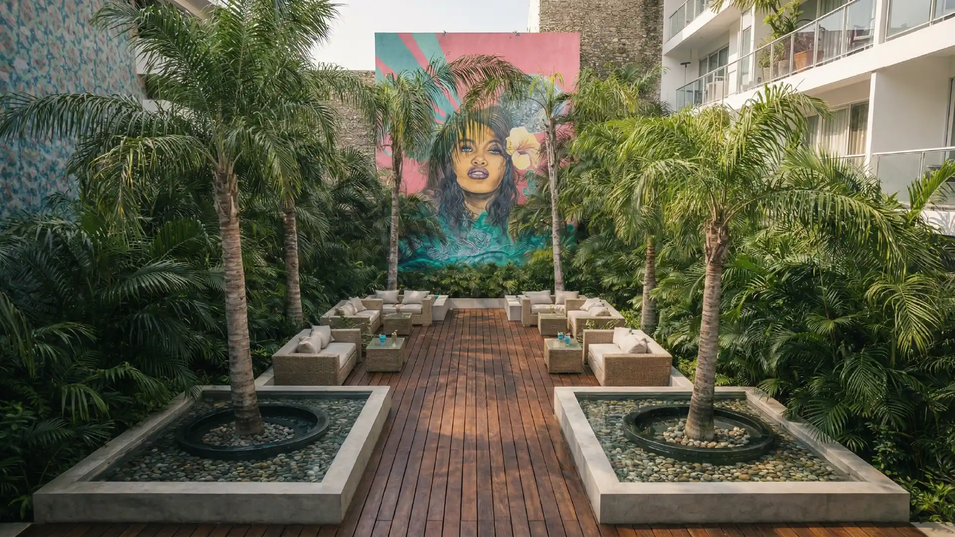 Interior courtyard with wooden floor, palm trees, sofas, and an artistic woman mural in the background.