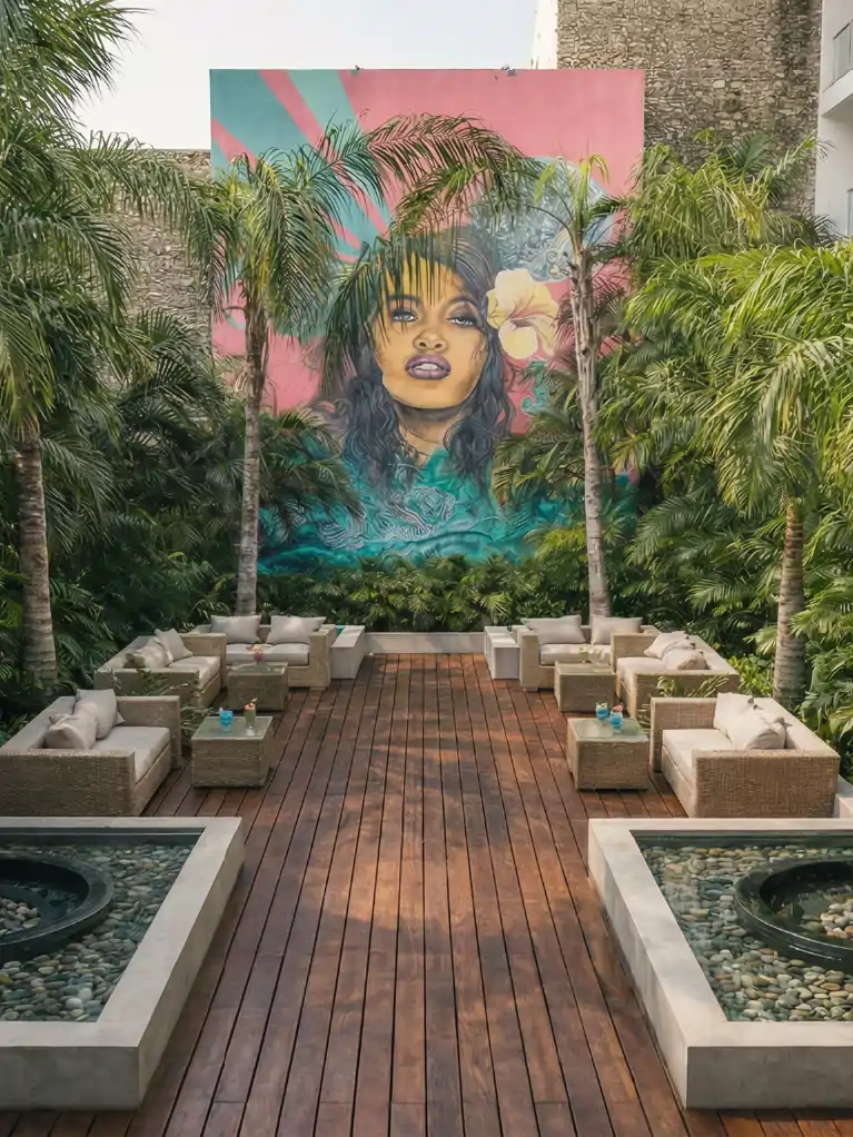 Interior courtyard with wooden floor, palm trees, sofas, and an artistic woman mural in the background.